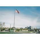 San Jose: : American flag flies in front of San Jose Diridon Cal-train stop.