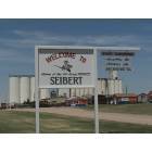 Seibert: Welcome Sign in Seibert Colorado, with the grain silos in the background.