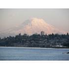 Tacoma: City of Tacoma and Puget Sound waterfront near sunset time set against Mt Rainier