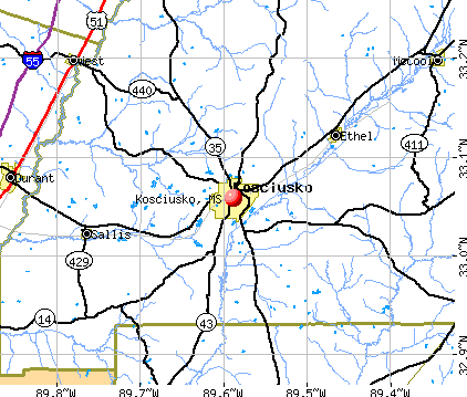 Kosciusko, MS map