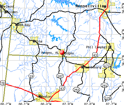 Hodges, AL map