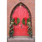 Cheshire: Decorated Red Door, St. Peter's Cheshire, founded 1760, 250th Anniversary