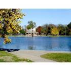Pekin: : Lagoon and Pavilion at Mineral Springs Park. Sidewalk leading into picture.