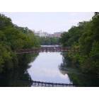 Austin: : Walking bridge over Barton Springs with view of the city.