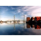 Portsmouth: Memorial Bridge Slack tide reflection over Piscataqua River Portsmouth NH