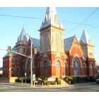 Greenville: Central Christian Church- The towers and art glass in this 1899 Gothic Revival church building are a downtown treasure. -Greenville main street