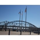 Atchison: Veterans' Memorial Plaza with railroad bridge, old and new Amelia Earhart Bridge